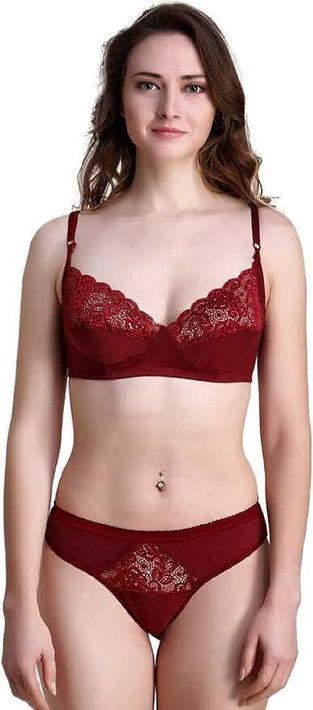 MUSTAKIN CREATION Bra & Panty Set Embellished, Floral Print Maroon Lingerie Set