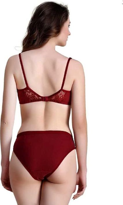 MUSTAKIN CREATION Bra & Panty Set Embellished, Floral Print Maroon Lingerie Set