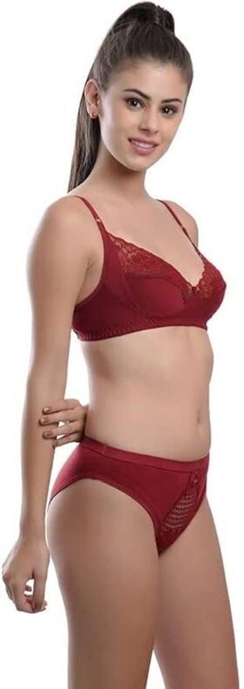 MUSTAKIN CREATION Bra & Panty Set Embellished, Floral Print Maroon Lingerie Set