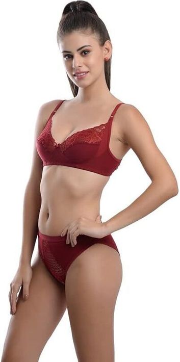 MUSTAKIN CREATION Bra & Panty Set Embellished, Floral Print Maroon Lingerie Set