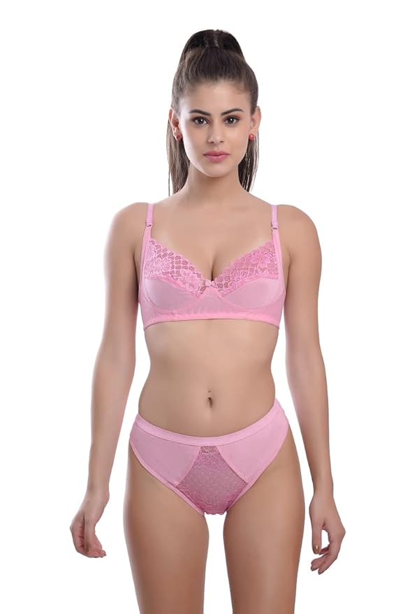 MUSTAKIN CREATION Bra & Panty Set Embellished, Floral Print Pink Lingerie Set