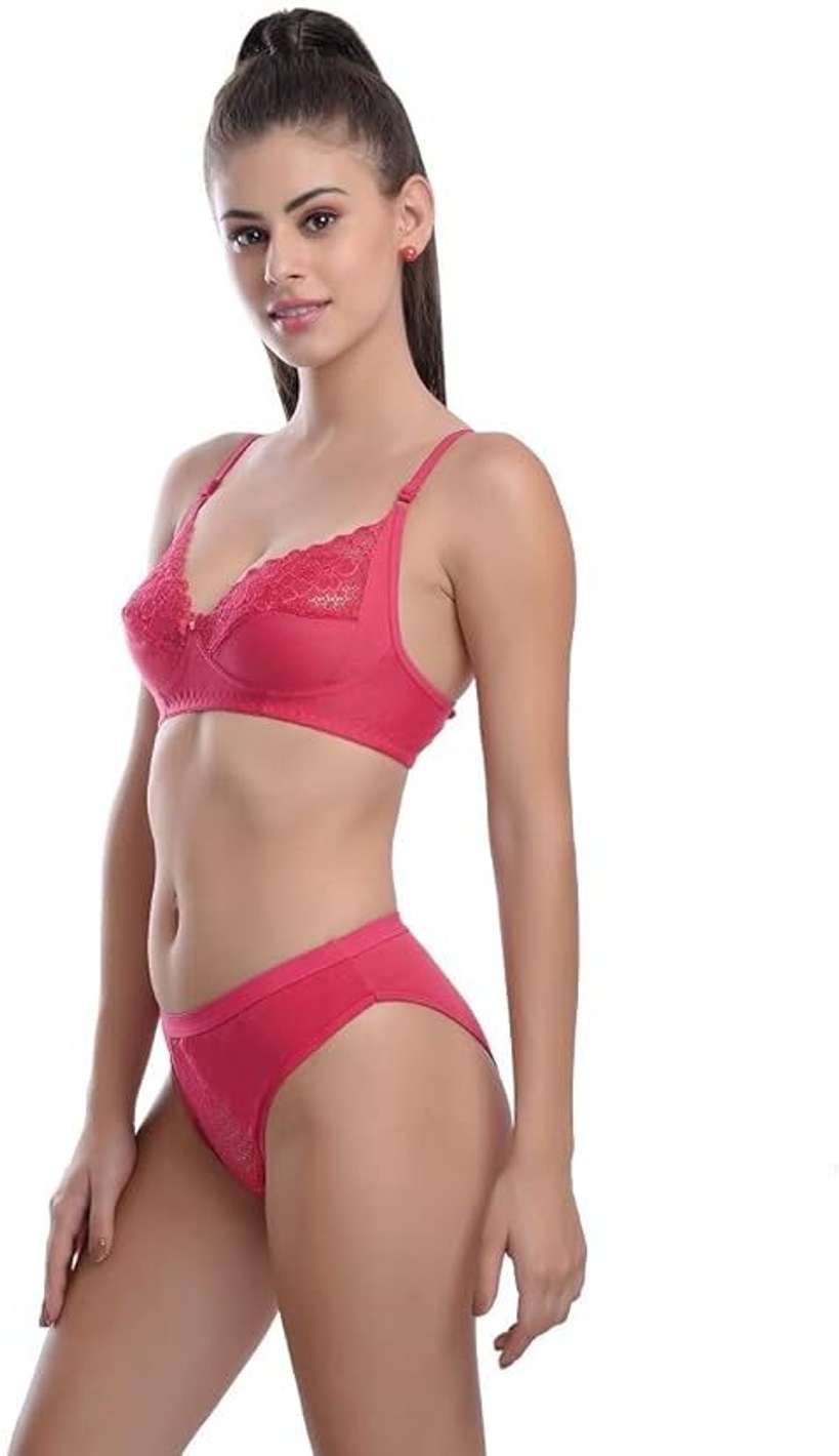 MUSTAKIN CREATION Bra & Panty Set Embellished, Floral Print Pink Lingerie Set