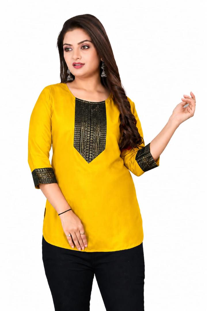 MUSTAKIN CREATION Cotton kurti. febrik leon cotton (Pack of 1) only kurti (Yellow)