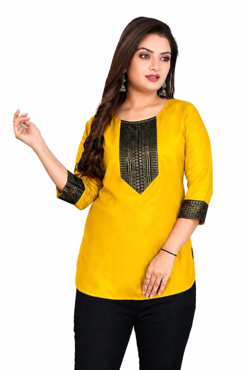 MUSTAKIN CREATION Cotton kurti. febrik leon cotton (Pack of 1) only kurti (Yellow)