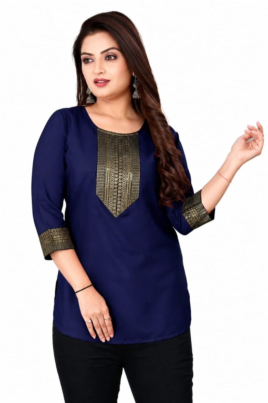 MUSTAKIN CREATION Cotton kurti. febrik leon cotton (Pack of 1) only kurti (Dark Blue)