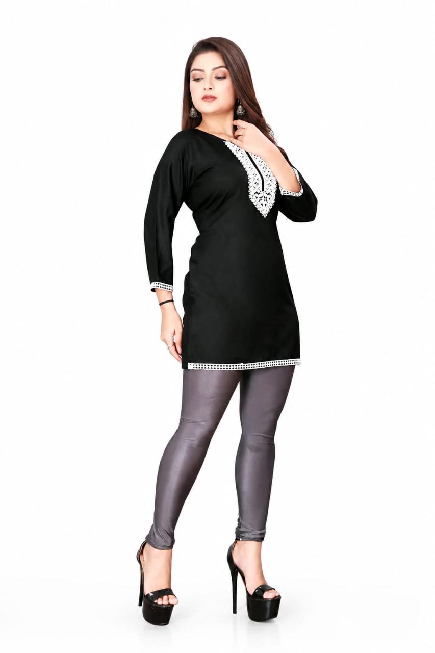 MUSTAKIN CREATION Cotton kurti. febrik leon cotton (Pack of 1) only kurti (Black)