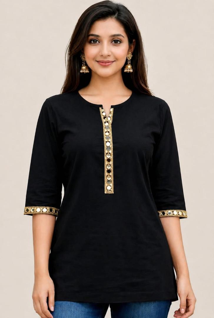 MUSTAKIN CREATION Cotton kurti. febrik leon cotton (Pack of 1) only kurti (Black)