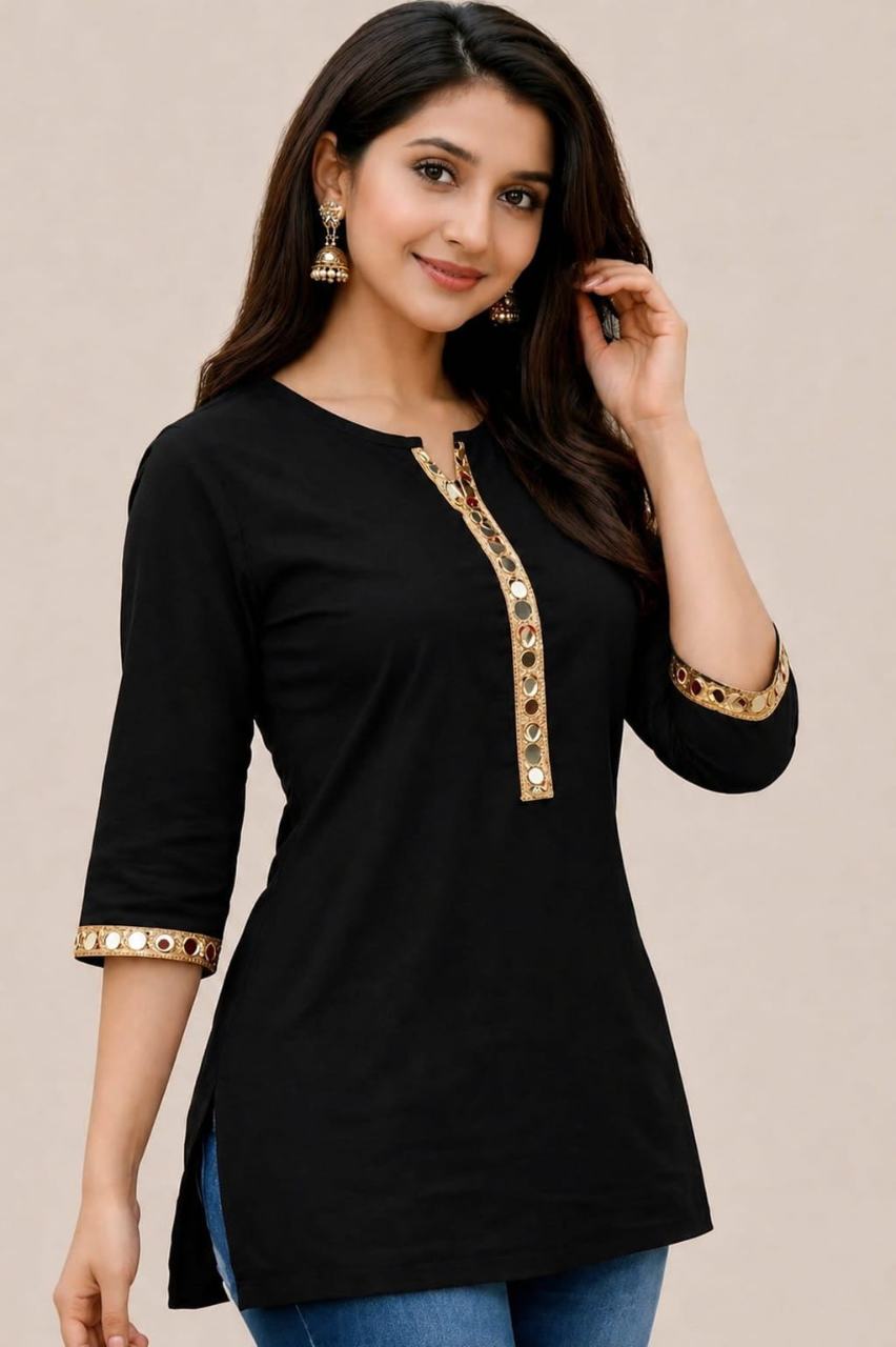 MUSTAKIN CREATION Cotton kurti. febrik leon cotton (Pack of 1) only kurti (Black)