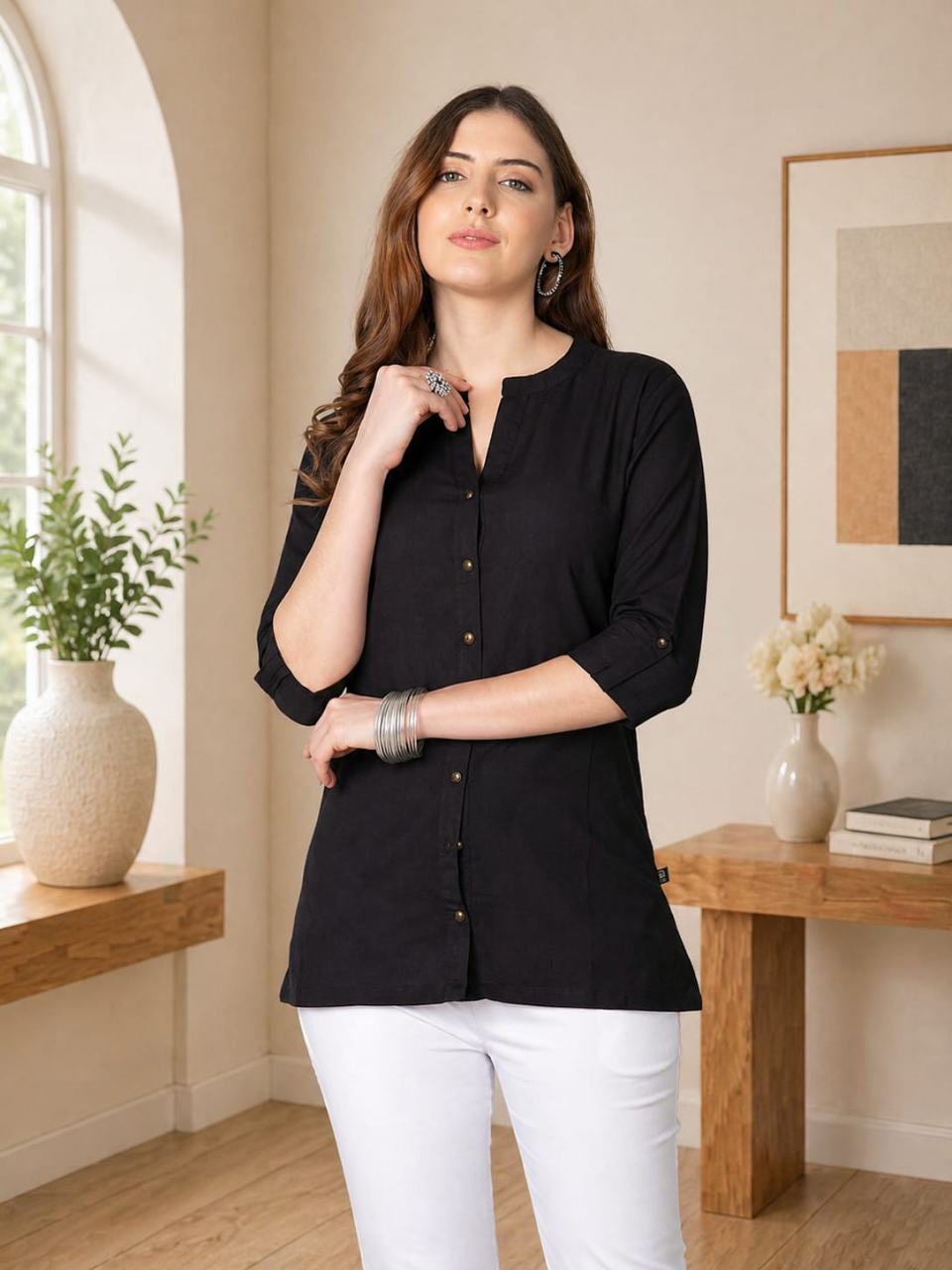 MUSTAKIN CREATION Cotton kurti. febrik leon cotton (Pack of 1) only kurti (Black)