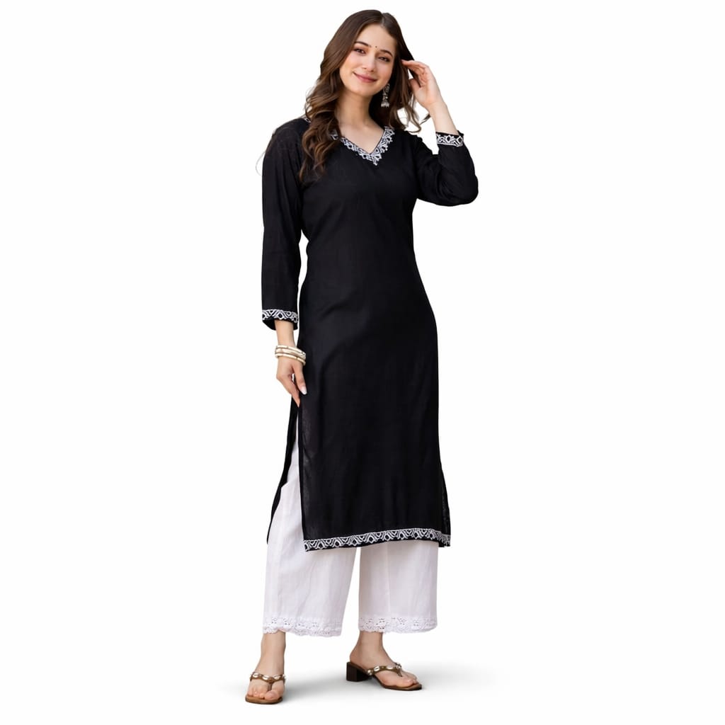 MUSTAKIN CREATION Cotton kurti. febrik leon cotton (Pack of 1) only kurti (Black)