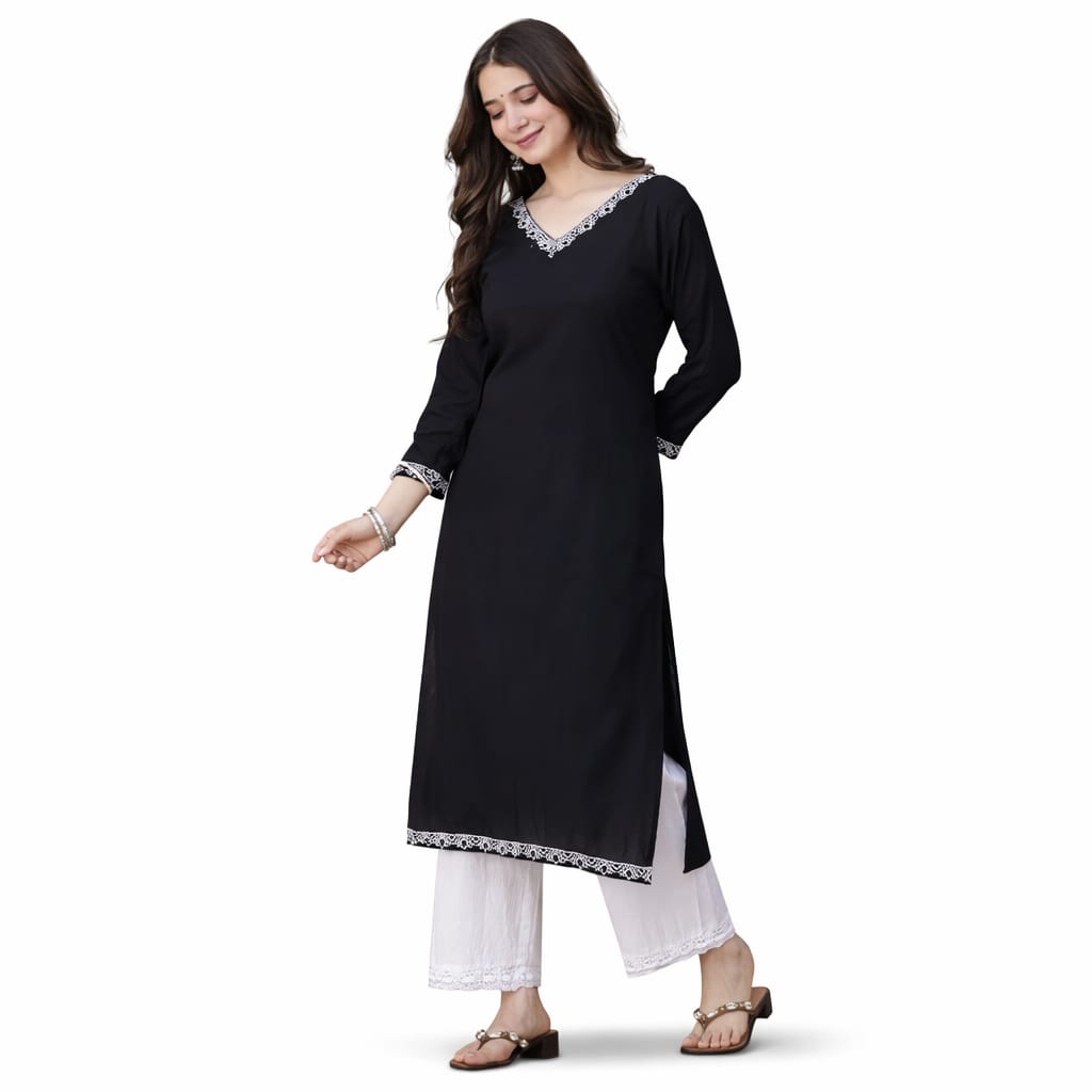 MUSTAKIN CREATION Cotton kurti. febrik leon cotton (Pack of 1) only kurti (Black)