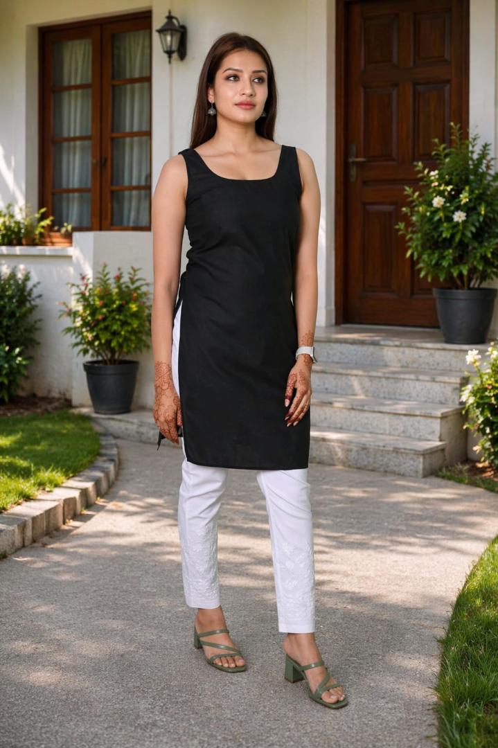 MUSTAKIN CREATION Cotton kurti. febrik leon cotton (Pack of 1) only kurti (Black)