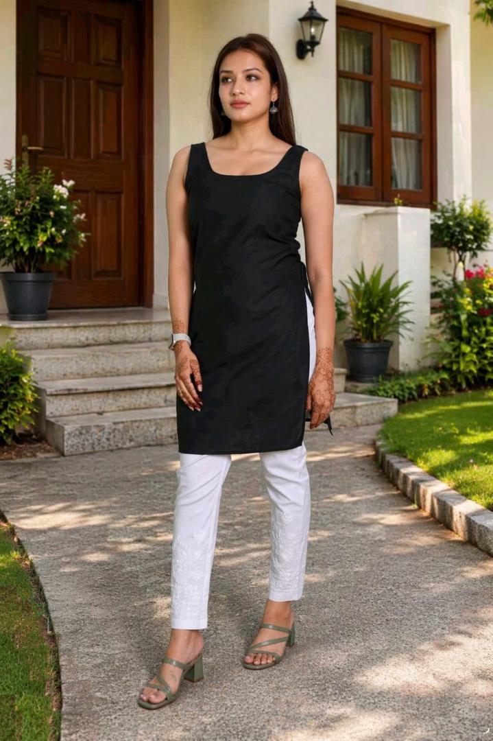 MUSTAKIN CREATION Cotton kurti. febrik leon cotton (Pack of 1) only kurti (Black)