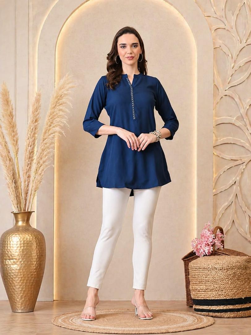 MUSTAKIN CREATION Cotton kurti. febrik leon cotton (Pack of 1) only kurti (Blue)