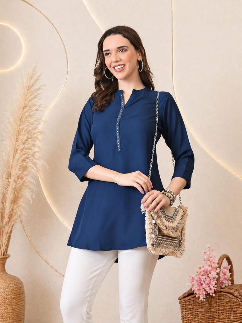 MUSTAKIN CREATION Cotton kurti. febrik leon cotton (Pack of 1) only kurti (Blue)