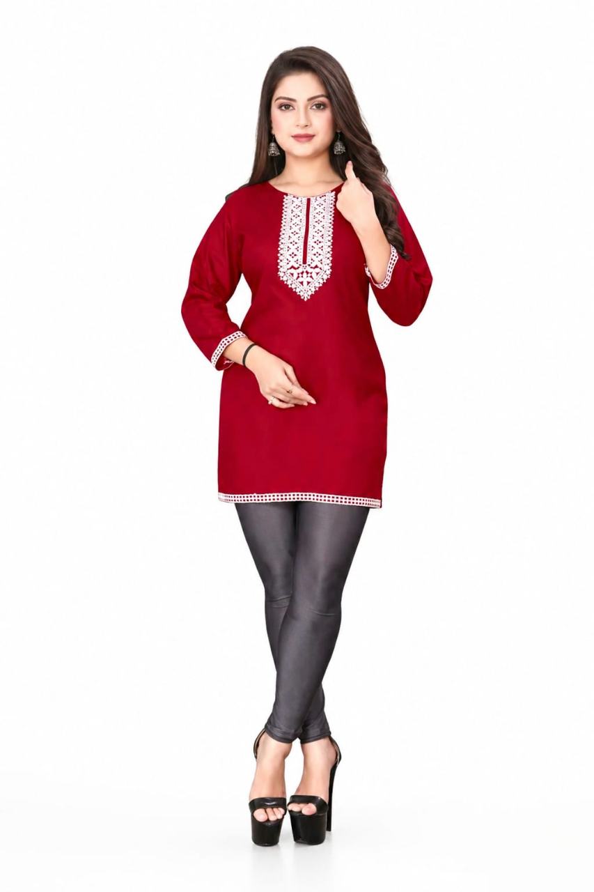 MUSTAKIN CREATION Cotton kurti. febrik leon cotton (Pack of 1) only kurti (Red)