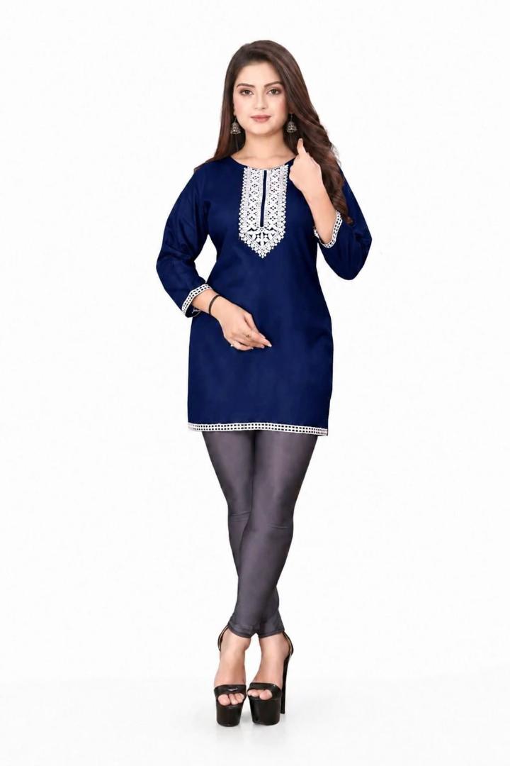 MUSTAKIN CREATION Cotton kurti. febrik leon cotton (Pack of 1) only kurti (Dark Blue)