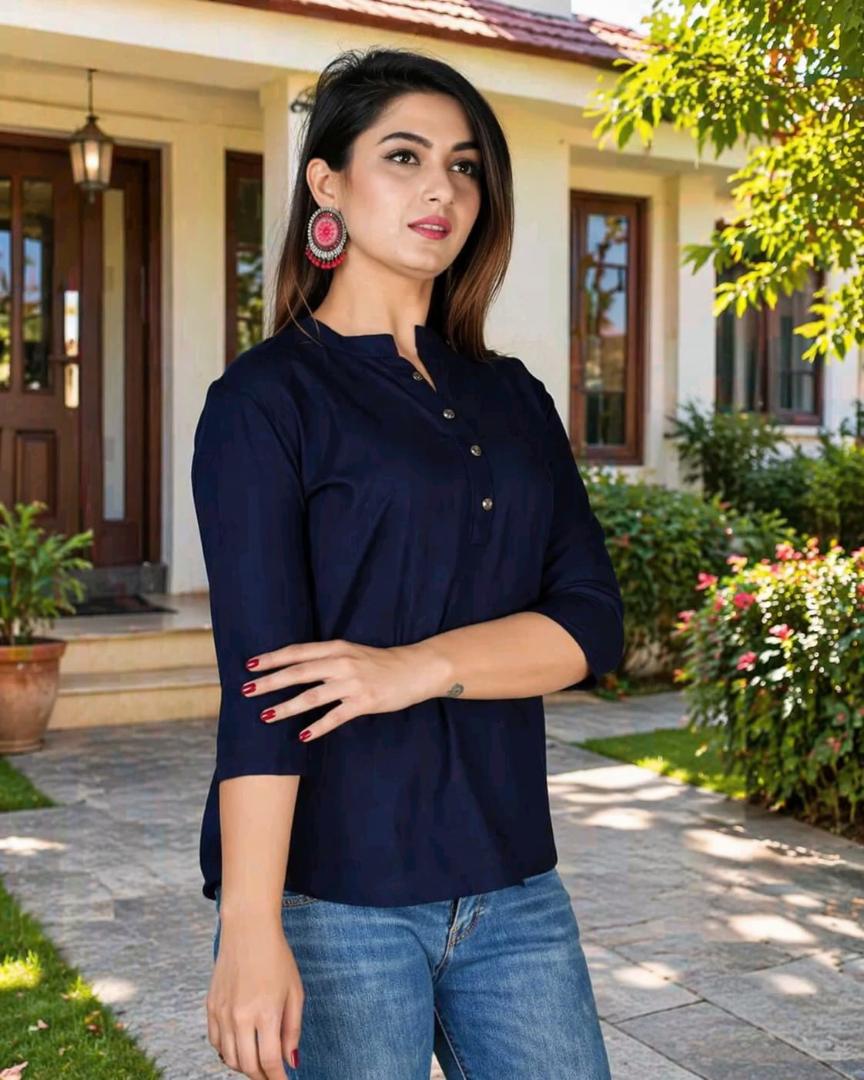 MUSTAKIN CREATION Cotton kurti. febrik leon cotton (Pack of 1) only kurti (Dark Blue)