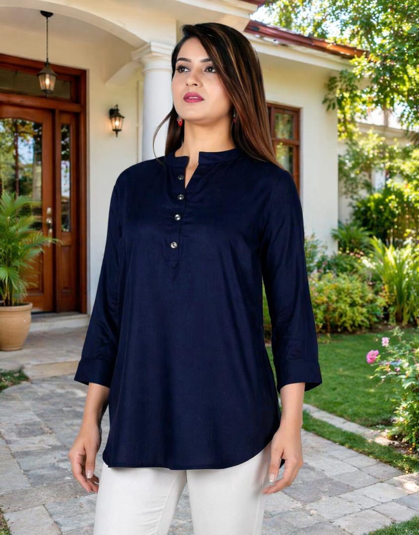 MUSTAKIN CREATION Cotton kurti. febrik leon cotton (Pack of 1) only kurti (Dark Blue)