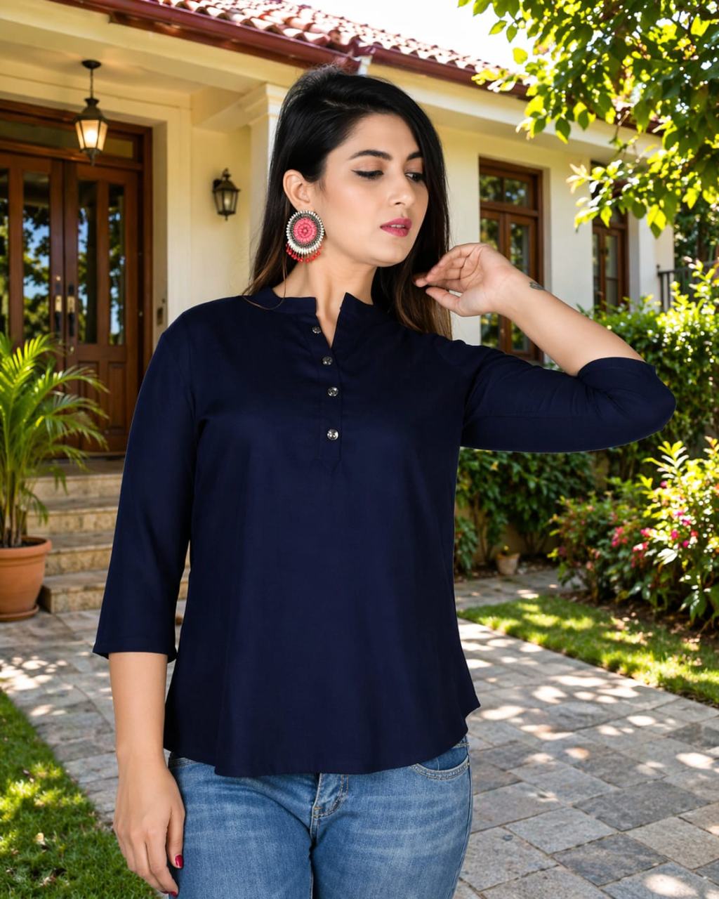 MUSTAKIN CREATION Cotton kurti. febrik leon cotton (Pack of 1) only kurti (Dark Blue)