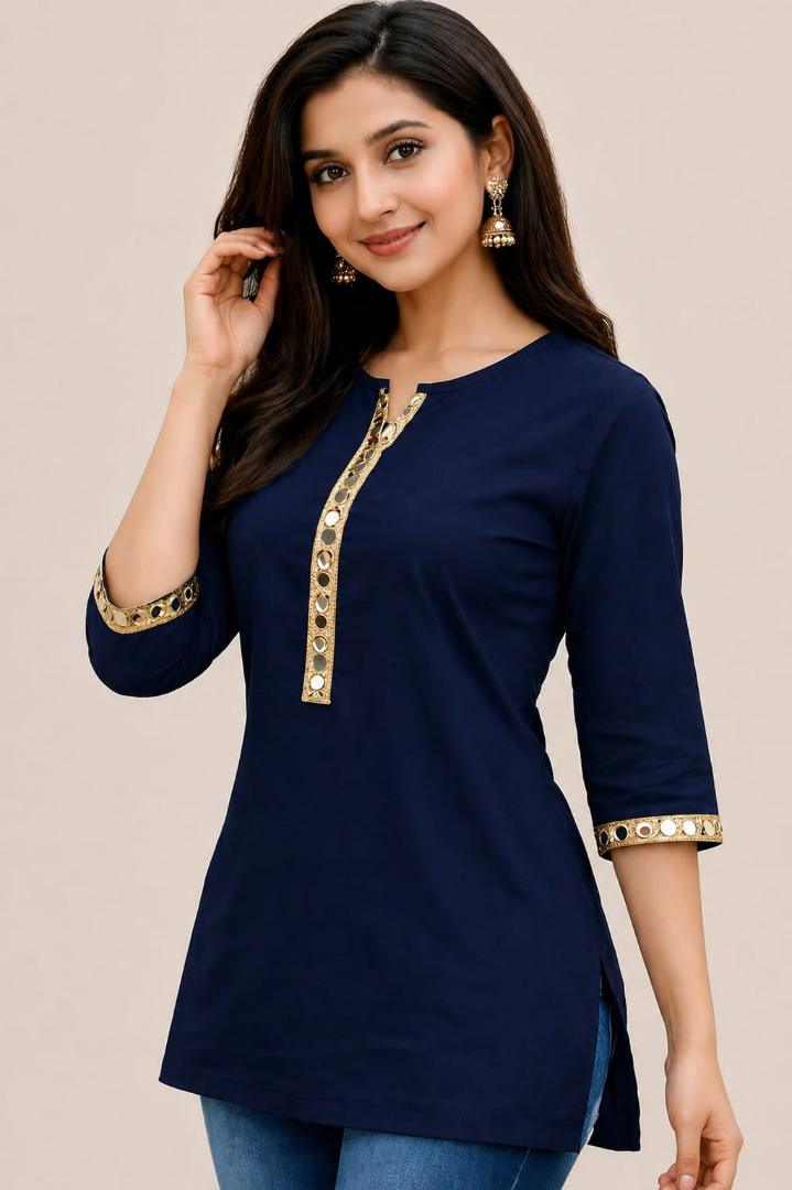 MUSTAKIN CREATION Cotton kurti. febrik leon cotton (Pack of 1) only kurti (Dark Blue)