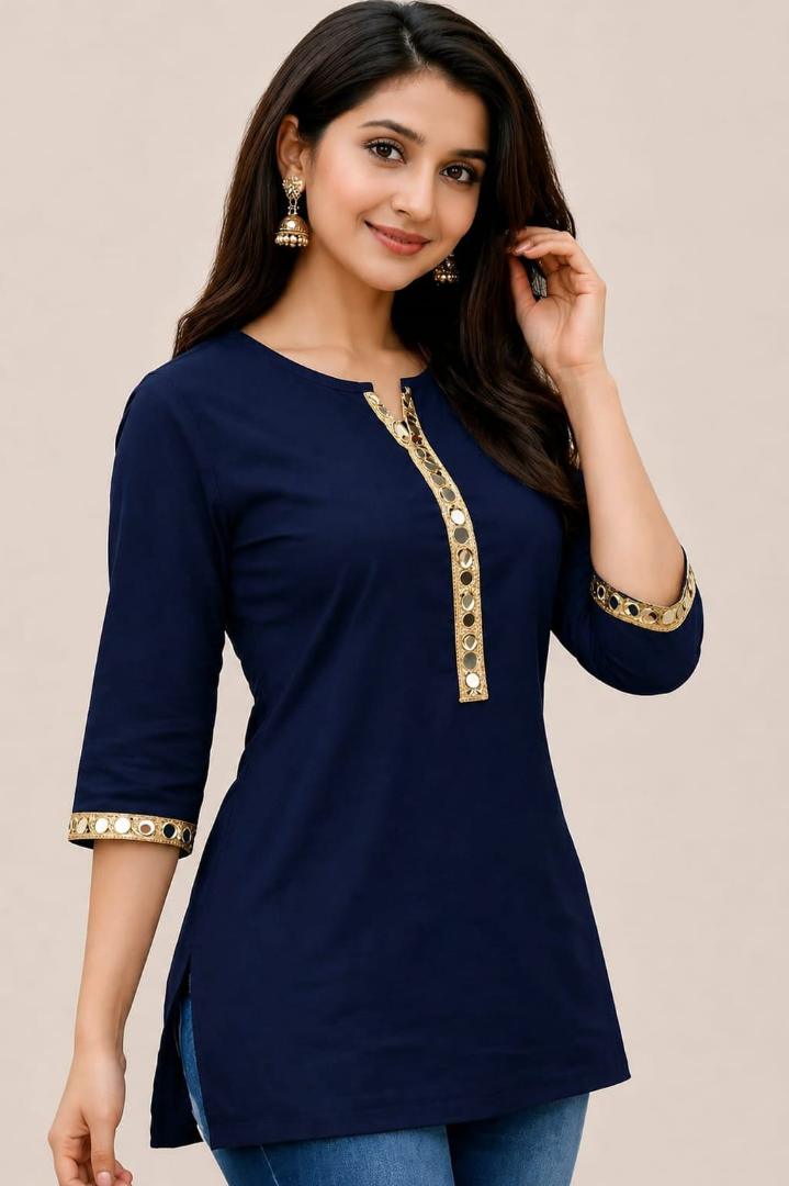 MUSTAKIN CREATION Cotton kurti. febrik leon cotton (Pack of 1) only kurti (Dark Blue)