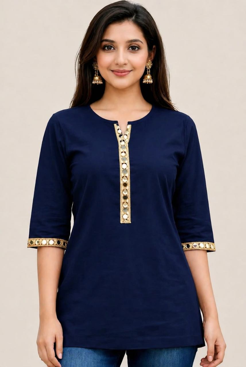 MUSTAKIN CREATION Cotton kurti. febrik leon cotton (Pack of 1) only kurti (Dark Blue)