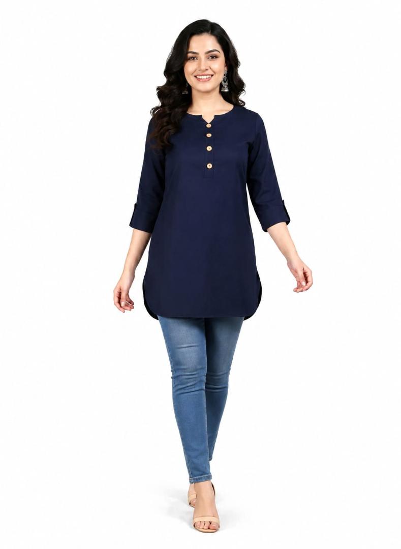 MUSTAKIN CREATION Cotton kurti. febrik leon cotton (Pack of 1) only kurti (Dark Blue)