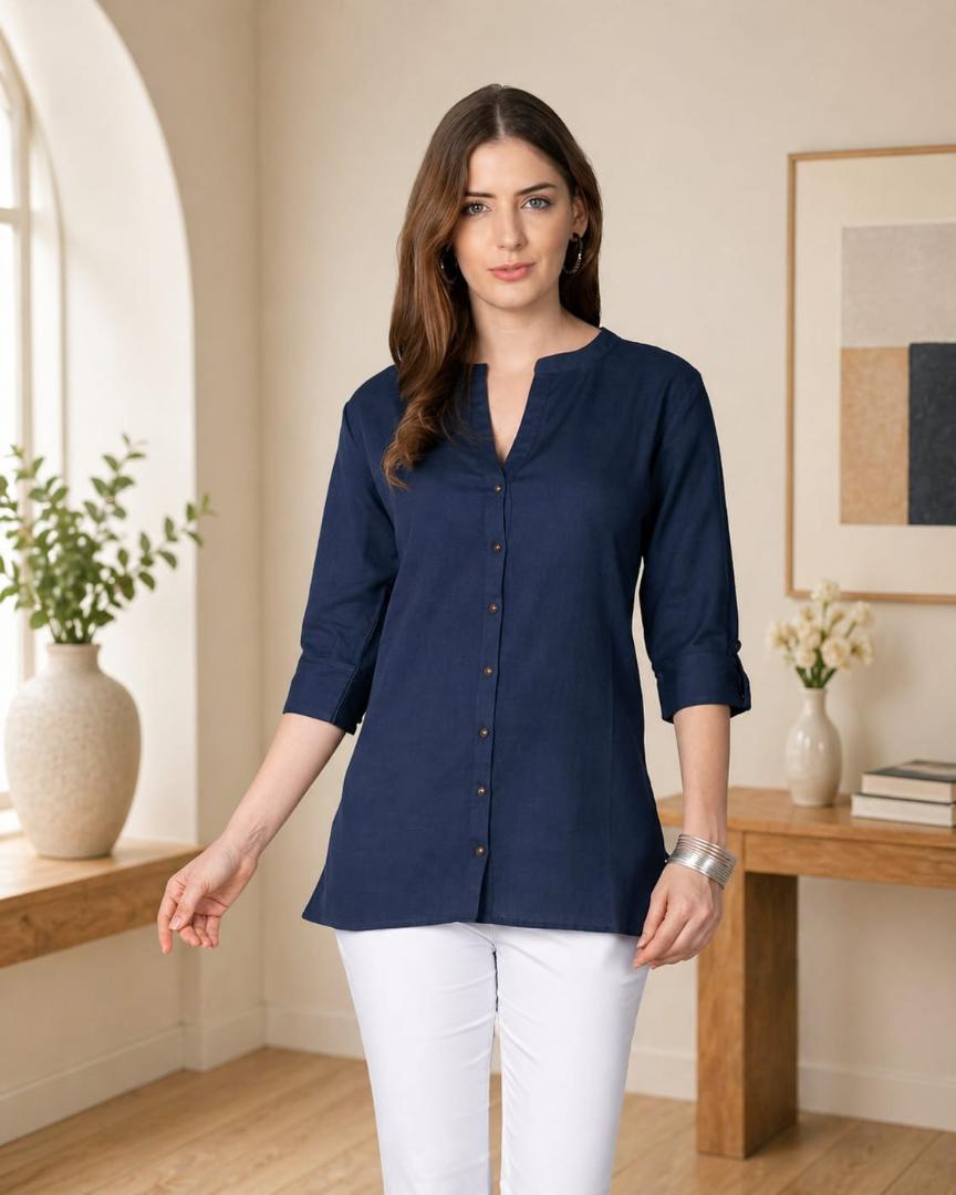 MUSTAKIN CREATION Cotton kurti. febrik leon cotton (Pack of 1) only kurti (Dark Blue)