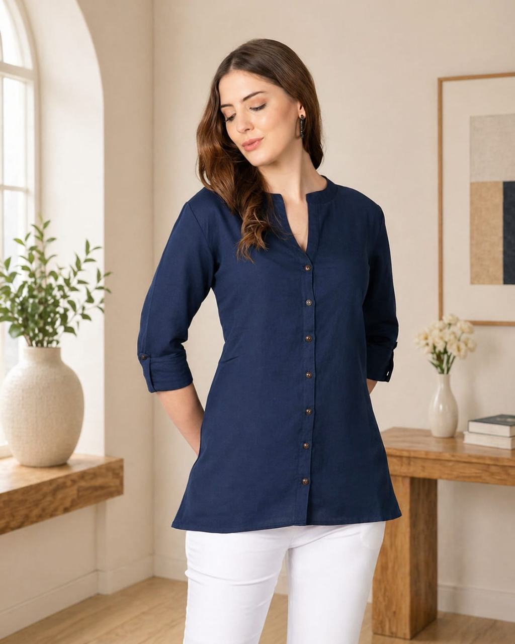 MUSTAKIN CREATION Cotton kurti. febrik leon cotton (Pack of 1) only kurti (Dark Blue)