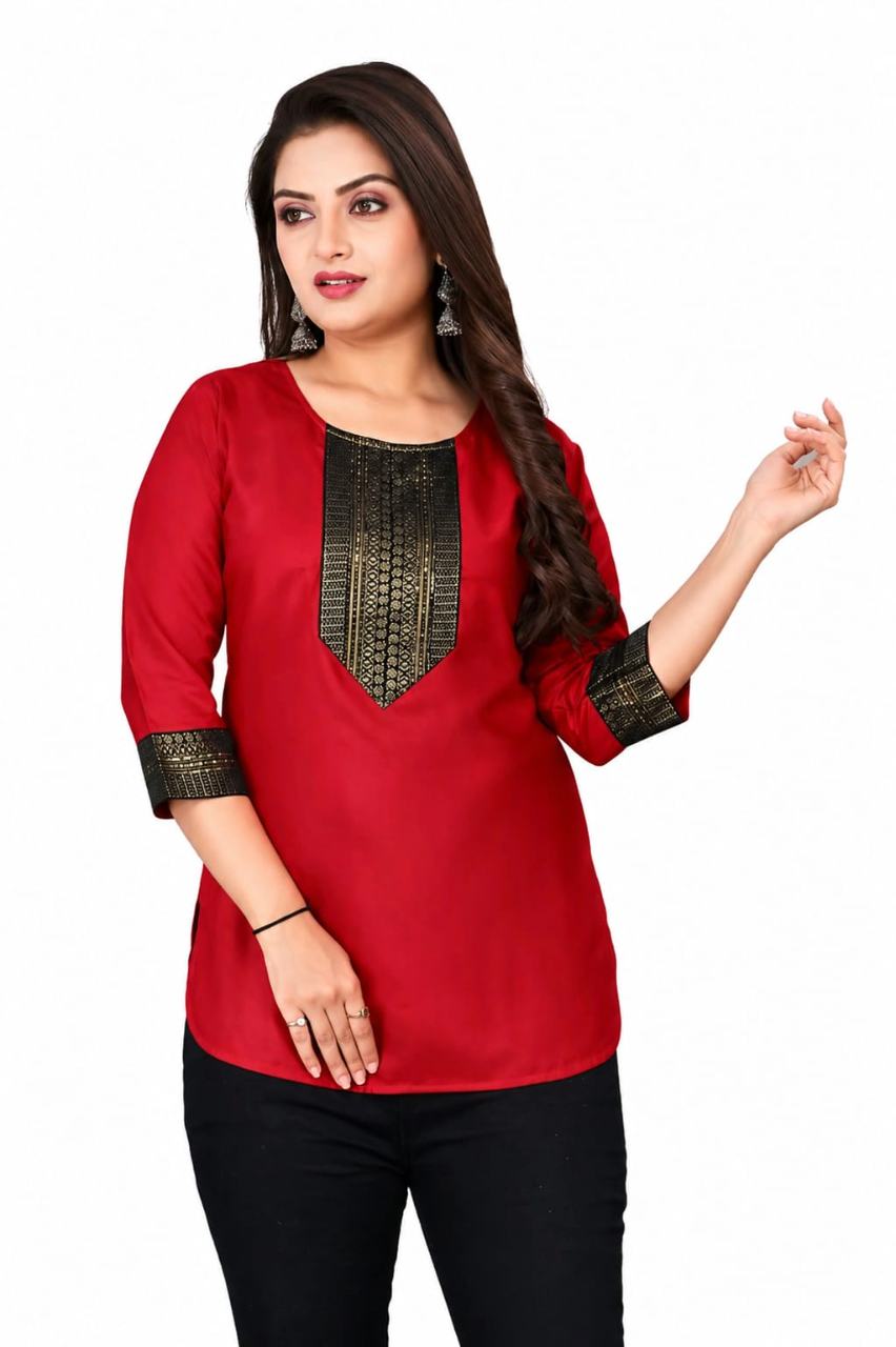 MUSTAKIN CREATION Cotton kurti. febrik leon cotton (Pack of 1) only kurti (Red)