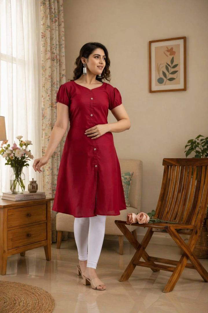 MUSTAKIN CREATION Cotton kurti. febrik leon cotton (Pack of 1) only kurti (Red)
