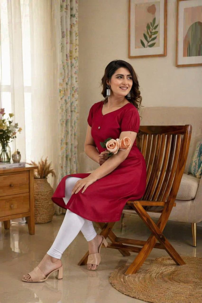 MUSTAKIN CREATION Cotton kurti. febrik leon cotton (Pack of 1) only kurti (Red)