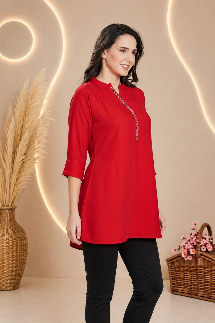MUSTAKIN CREATION Cotton kurti. febrik leon cotton (Pack of 1) only kurti (Red)