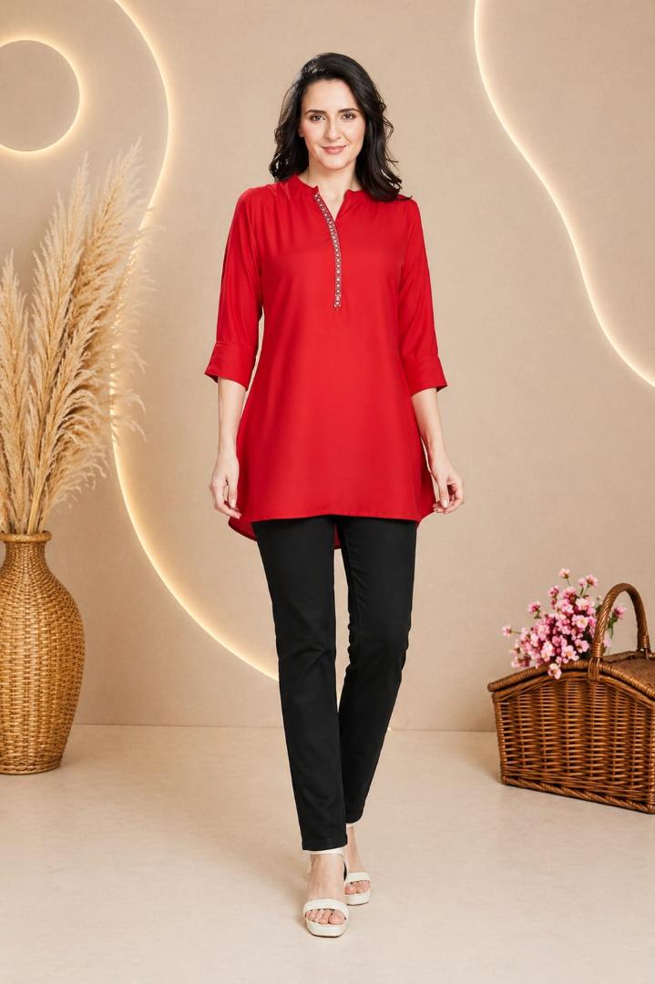 MUSTAKIN CREATION Cotton kurti. febrik leon cotton (Pack of 1) only kurti (Red)