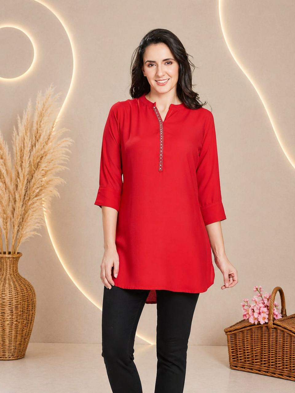 MUSTAKIN CREATION Cotton kurti. febrik leon cotton (Pack of 1) only kurti (Red)