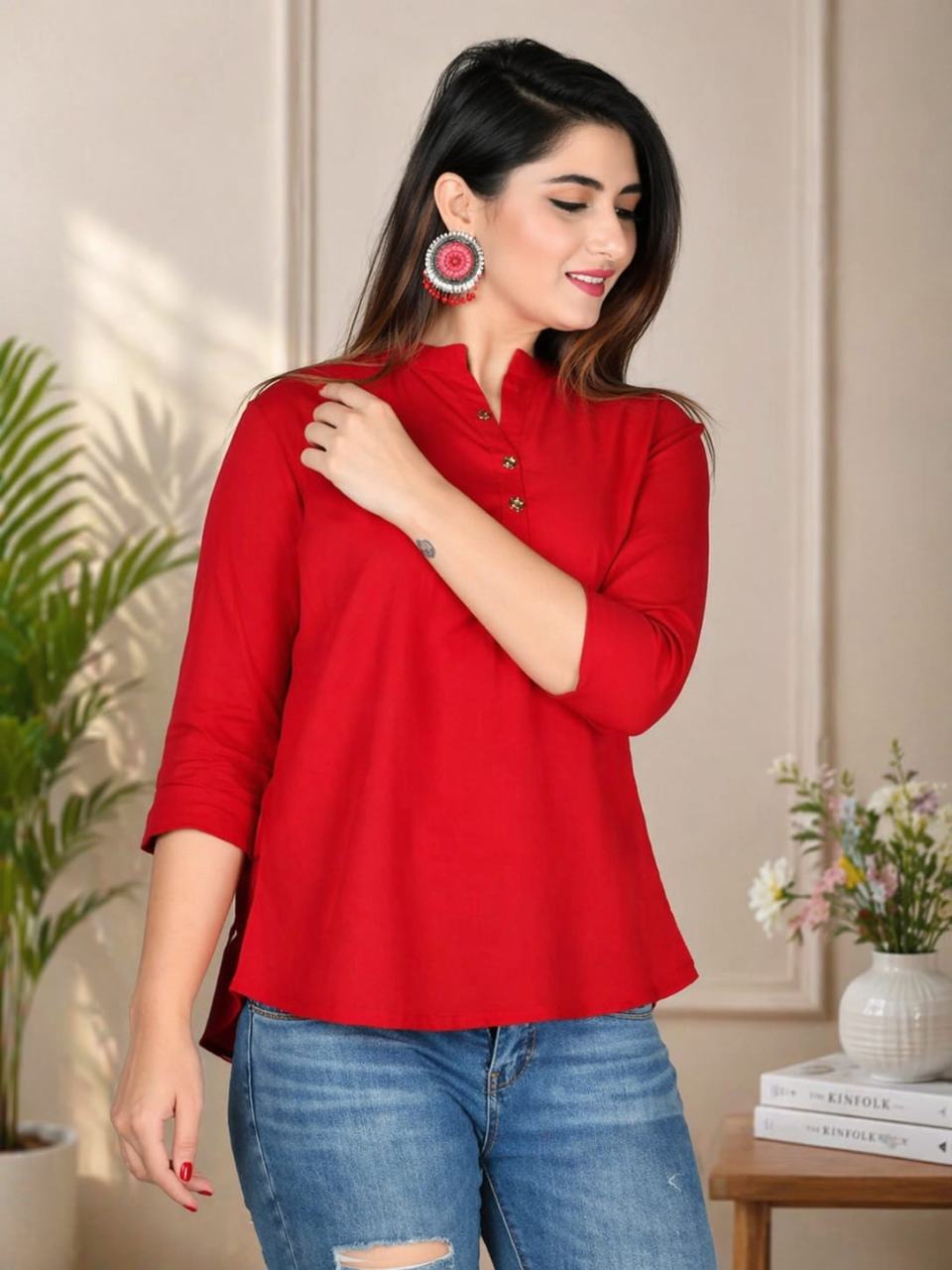 MUSTAKIN CREATION Cotton kurti. febrik leon cotton (Pack of 1) only kurti (Red)