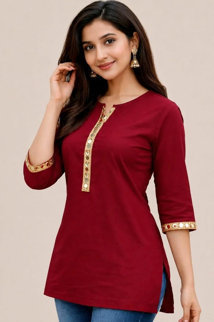 MUSTAKIN CREATION Cotton kurti. febrik leon cotton (Pack of 1) only kurti (Red)