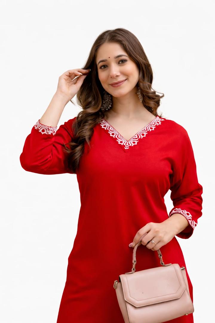 MUSTAKIN CREATION Cotton kurti. febrik leon cotton (Pack of 1) only kurti (Red)