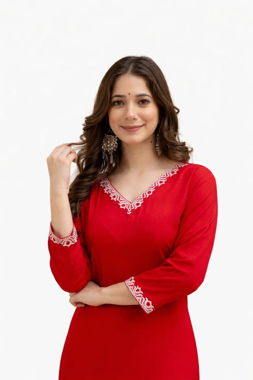 MUSTAKIN CREATION Cotton kurti. febrik leon cotton (Pack of 1) only kurti (Red)