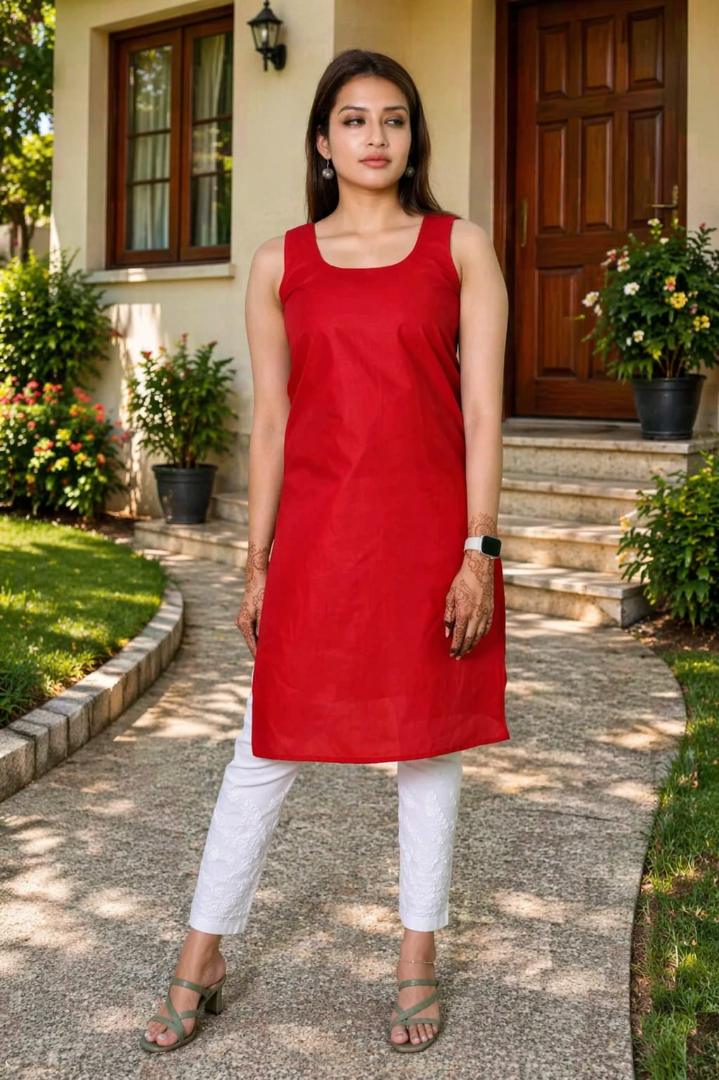 MUSTAKIN CREATION Cotton kurti. febrik leon cotton (Pack of 1) only kurti (Red)