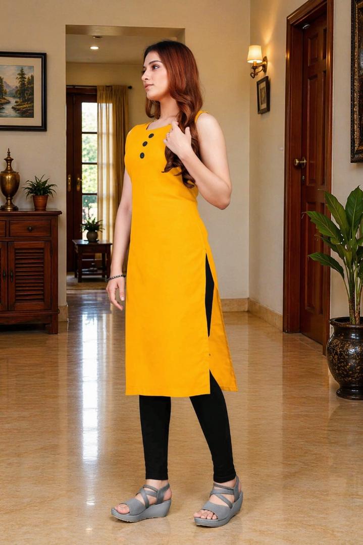 MUSTAKIN CREATION Cotton kurti. febrik leon cotton (Pack of 1) only kurti (Yellow)