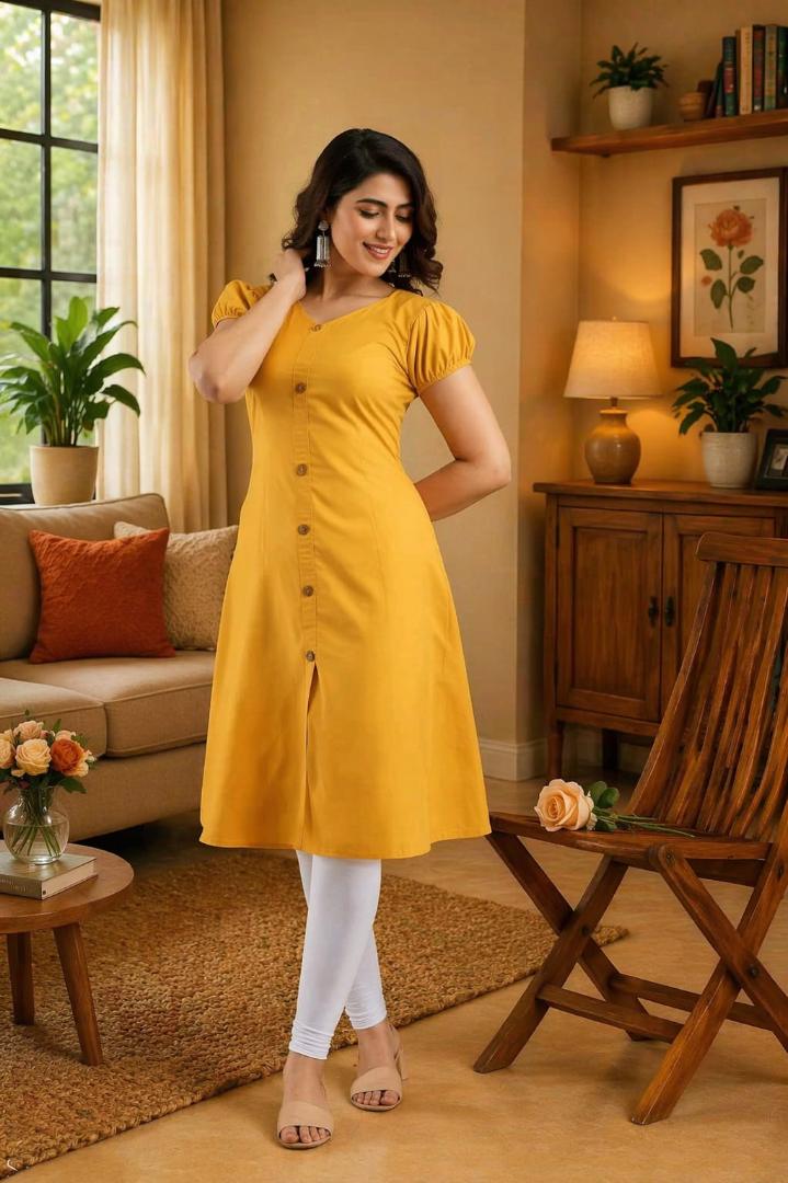 MUSTAKIN CREATION Cotton kurti. febrik leon cotton (Pack of 1) only kurti (Yellow)
