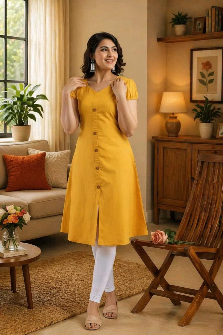 MUSTAKIN CREATION Cotton kurti. febrik leon cotton (Pack of 1) only kurti (Yellow)