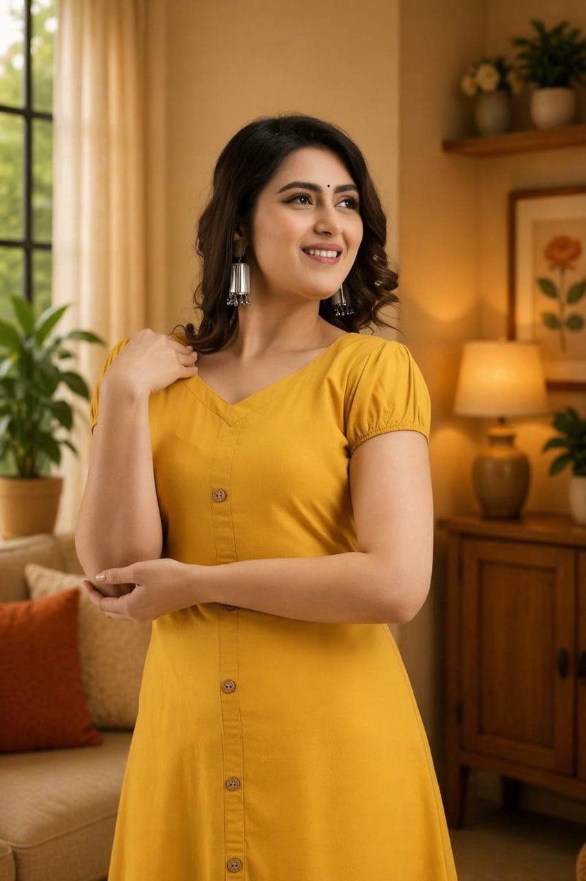 MUSTAKIN CREATION Cotton kurti. febrik leon cotton (Pack of 1) only kurti (Yellow)