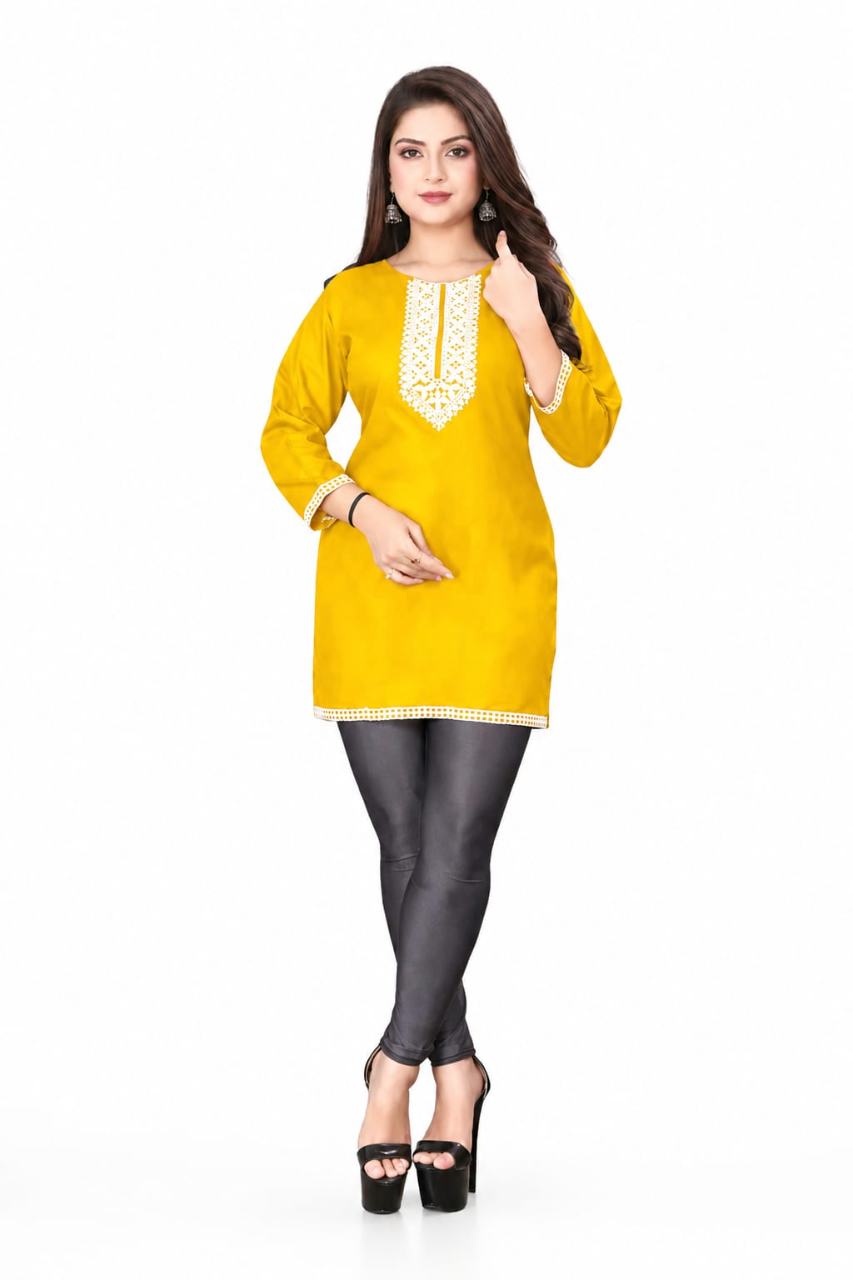 MUSTAKIN CREATION Cotton kurti. febrik leon cotton (Pack of 1) only kurti (Yellow)