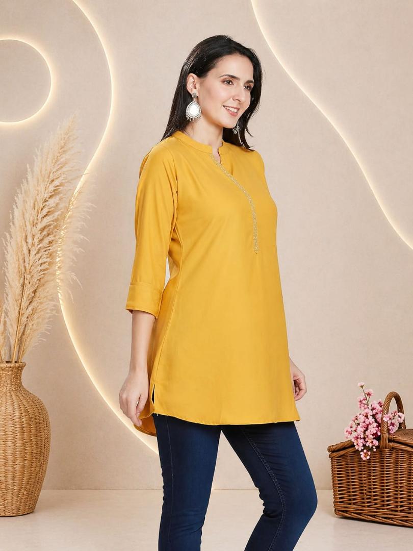MUSTAKIN CREATION Cotton kurti. febrik leon cotton (Pack of 1) only kurti (Yellow)