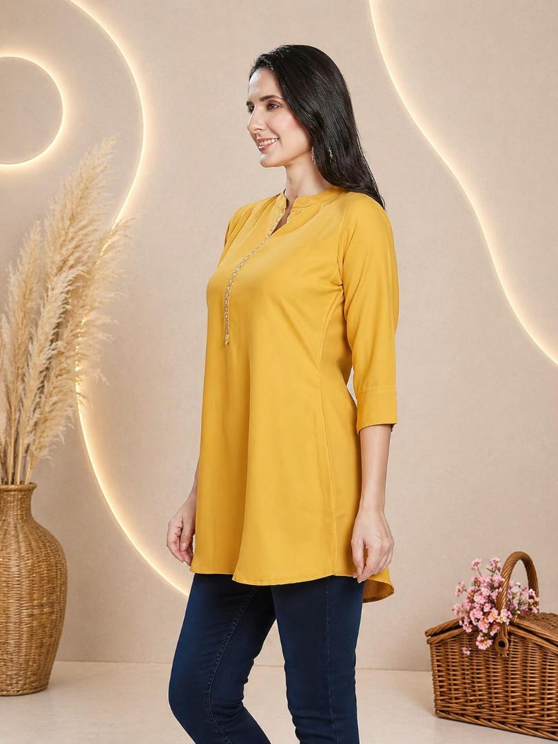MUSTAKIN CREATION Cotton kurti. febrik leon cotton (Pack of 1) only kurti (Yellow)