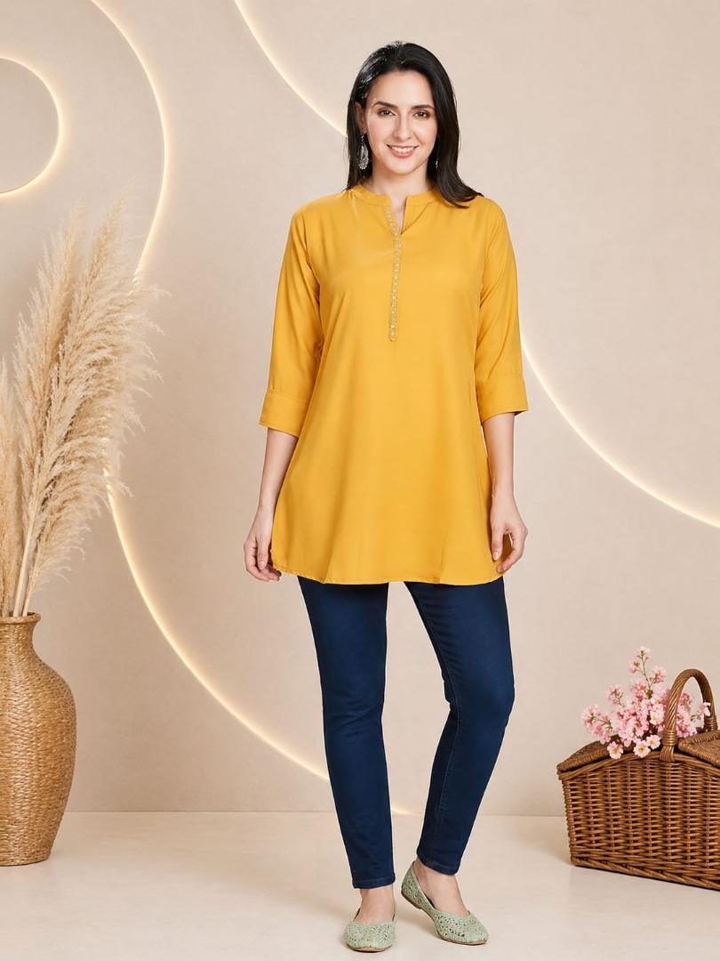 MUSTAKIN CREATION Cotton kurti. febrik leon cotton (Pack of 1) only kurti (Yellow)