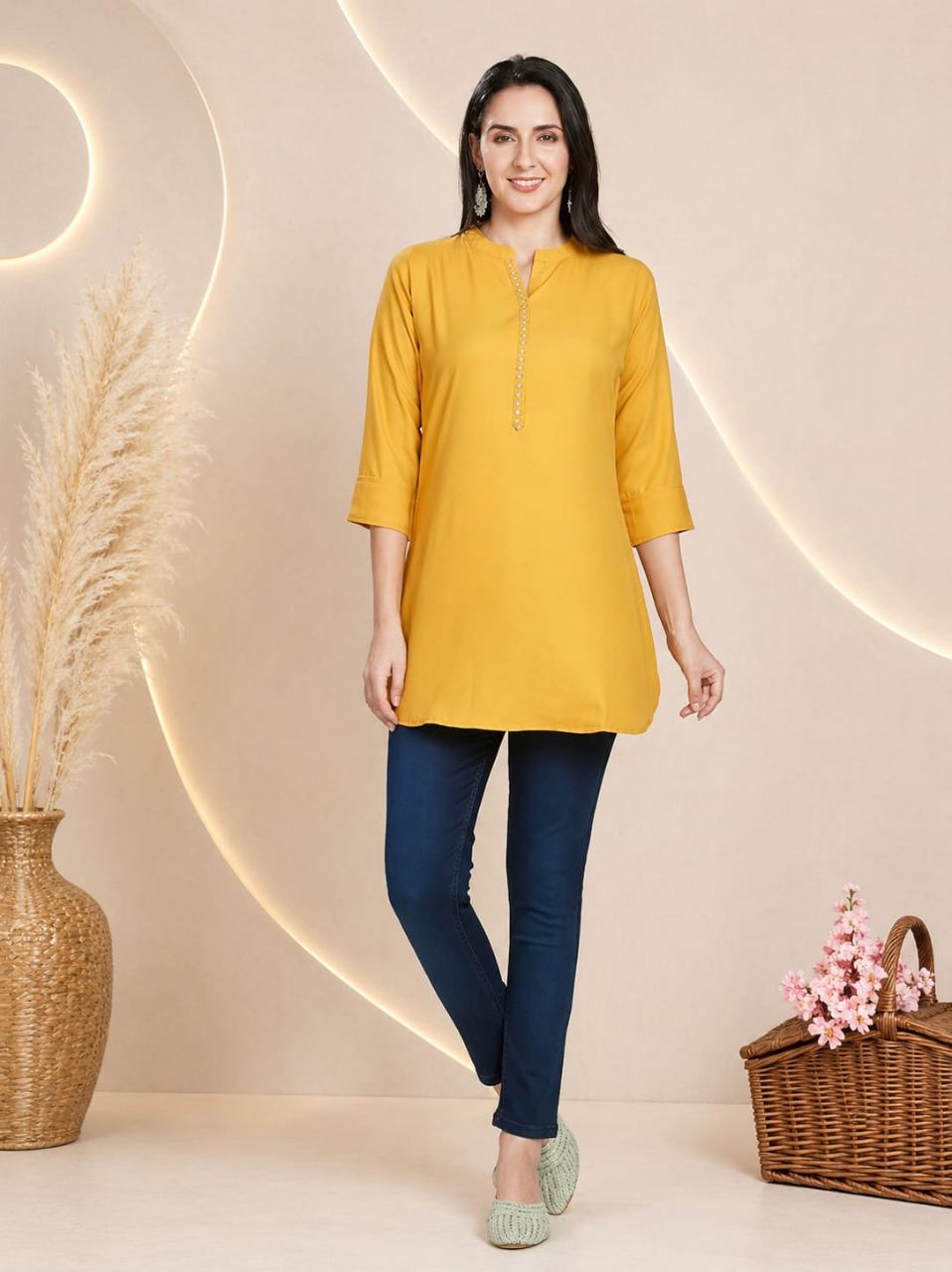 MUSTAKIN CREATION Cotton kurti. febrik leon cotton (Pack of 1) only kurti (Yellow)